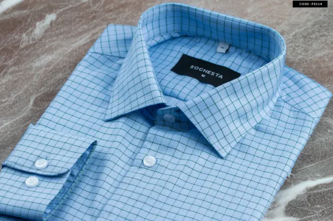 Light Sky Blue Prism Check Wrinkle Resistant Egyptian Cotton Shirt(FS114) - Image 5