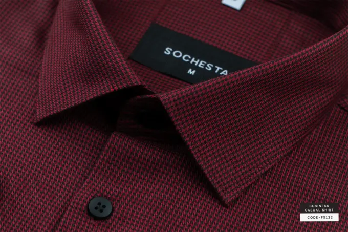 Crimson Red Houndstooth Wool Finished Cotton Shirt(FS132)