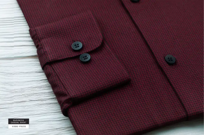 Crimson Red Houndstooth Wool Finished Cotton Shirt(FS132) - Image 4