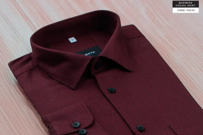 Crimson Red Houndstooth Wool Finished Cotton Shirt(FS132) - Image 3