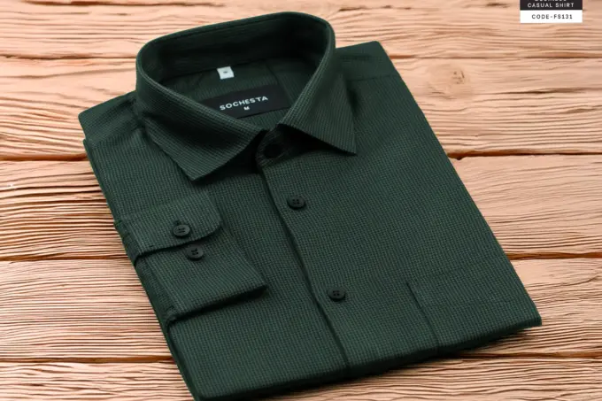 Scottish Green Houndstooth Wool Finished Cotton Shirt(FS131) - Image 4