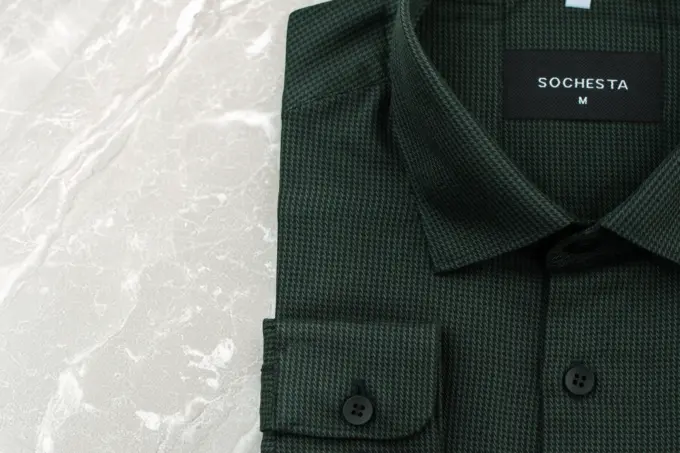 Scottish Green Houndstooth Wool Finished Cotton Shirt(FS131) - Image 5