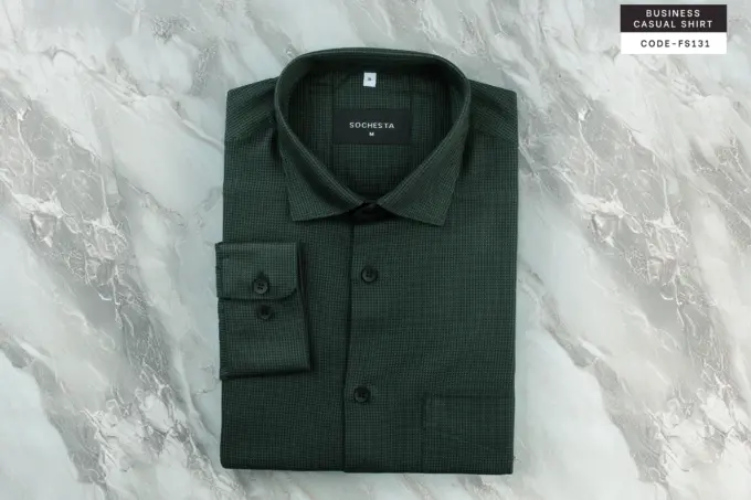 Scottish Green Houndstooth Wool Finished Cotton Shirt(FS131) - Image 2