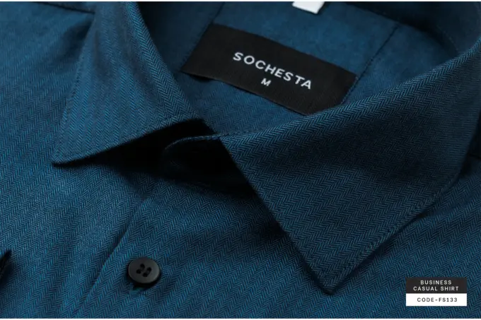 Teal Blue Mini Herringbone Wool Finished Cotton Shirt(FS133)