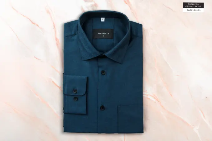Teal Blue Mini Herringbone Wool Finished Cotton Shirt(FS133) - Image 2