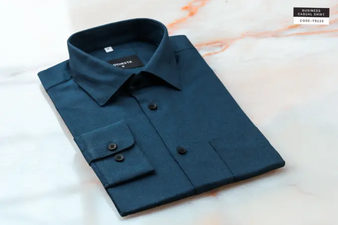 Teal Blue Mini Herringbone Wool Finished Cotton Shirt(FS133) - Image 5