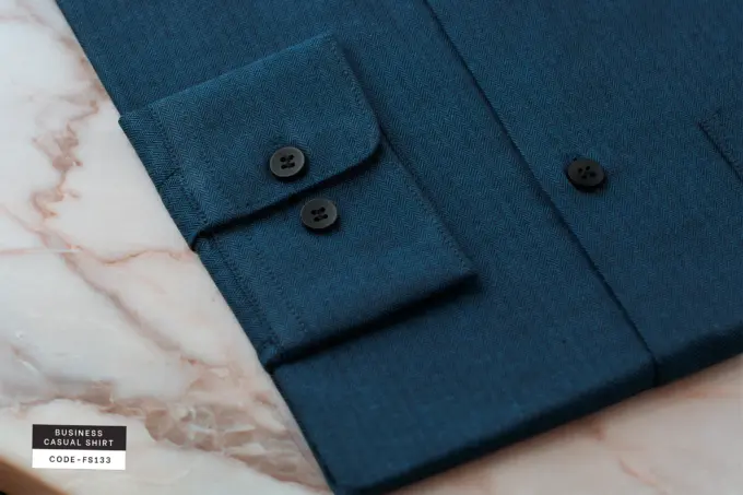 Teal Blue Mini Herringbone Wool Finished Cotton Shirt(FS133) - Image 4