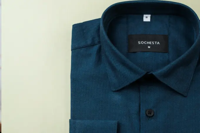Teal Blue Mini Herringbone Wool Finished Cotton Shirt(FS133) - Image 6