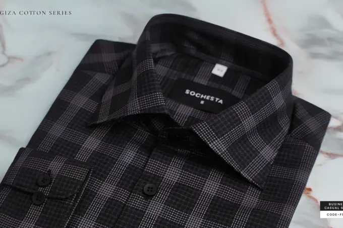 Smokestone Metal Grey – Giza Cotton Micro Check Plaid Shirt(FS136) - Image 4