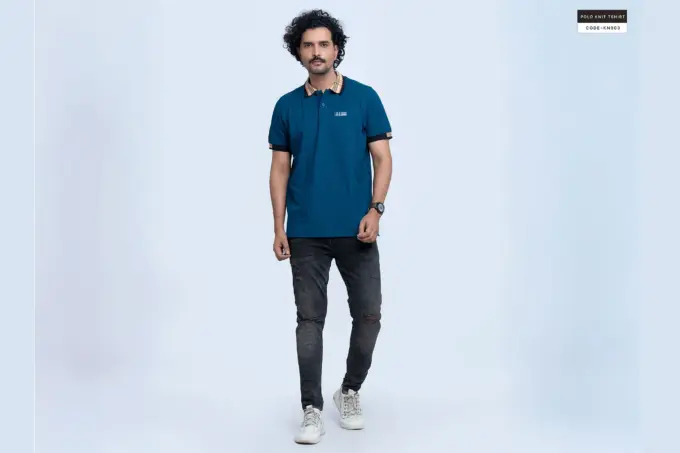 Teal Blue Polo Contrast Collar Tshirt(KN003) - Image 2