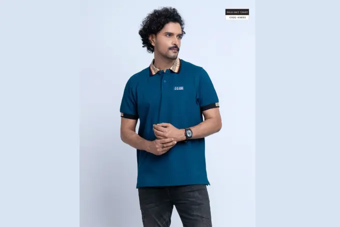Teal Blue Polo Contrast Collar Tshirt(KN003) - Image 3