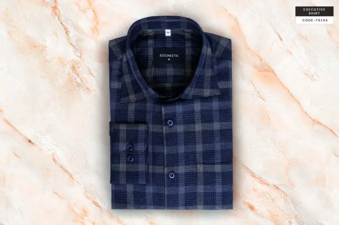 Smokestone Metal Faded Blue – Giza Cotton Micro Check Plaid Shirt (FS144) - Image 4