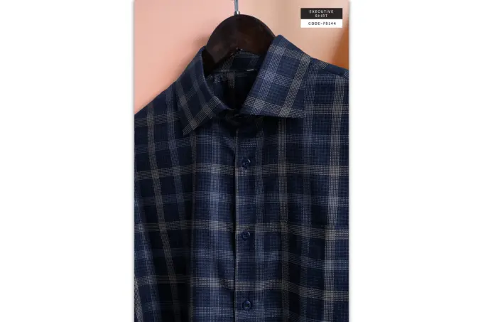 Smokestone Metal Faded Blue – Giza Cotton Micro Check Plaid Shirt (FS144) - Image 5