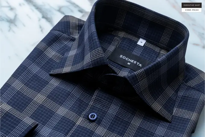 Smokestone Metal Faded Blue – Giza Cotton Micro Check Plaid Shirt (FS144) - Image 8