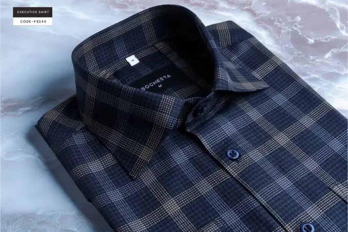 Smokestone Metal Faded Blue – Giza Cotton Micro Check Plaid Shirt (FS144) - Image 3