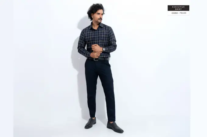Smokestone Metal Faded Blue – Giza Cotton Micro Check Plaid Shirt (FS144) - Image 6