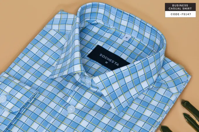 Cerulean Blue Yellow Squares Check Dobby Shirt(FS147) - Image 5