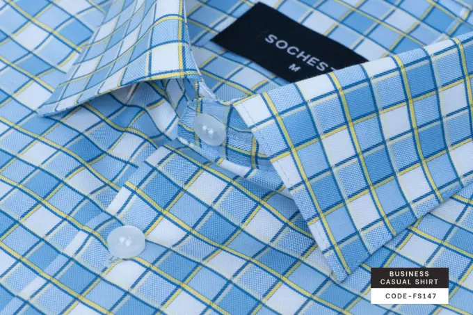 Cerulean Blue Yellow Squares Check Dobby Shirt(FS147)