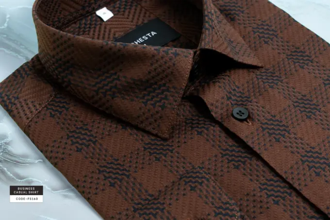 Textured Caramel Brown Weave Check Giza Cotton Shirt(FS160) - Image 4