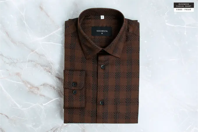 Textured Caramel Brown Weave Check Giza Cotton Shirt(FS160) - Image 2