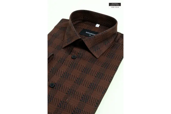 Textured Caramel Brown Weave Check Giza Cotton Shirt(FS160) - Image 3