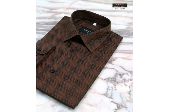 Textured Caramel Brown Weave Check Giza Cotton Shirt(FS160) - Image 5