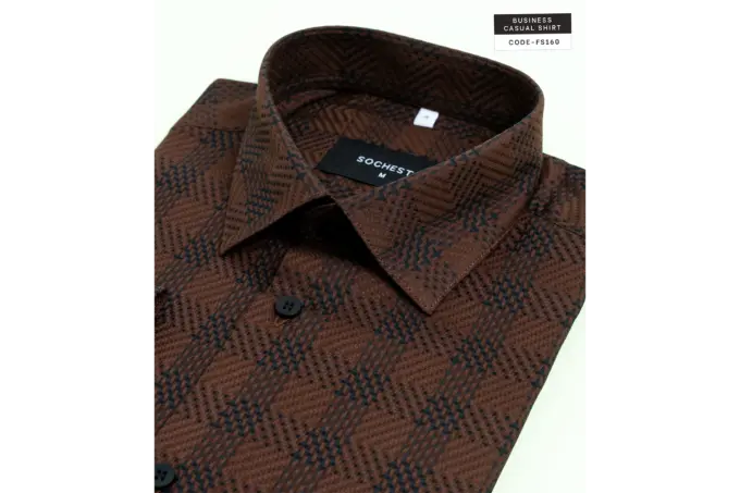 Textured Caramel Brown Weave Check Giza Cotton Shirt(FS160) - Image 6