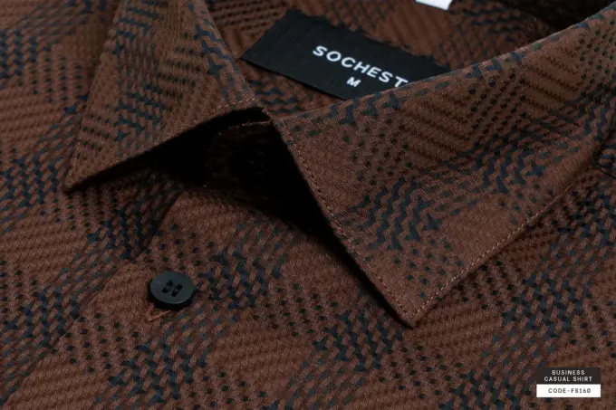 Textured Caramel Brown Weave Check Giza Cotton Shirt(FS160)