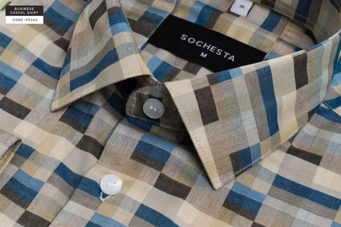Desert Wave Beige and Blue Plaid Soft Giza Cotton Shirt(FS162)