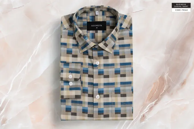 Desert Wave Beige and Blue Plaid Soft Giza Cotton Shirt(FS162) - Image 2