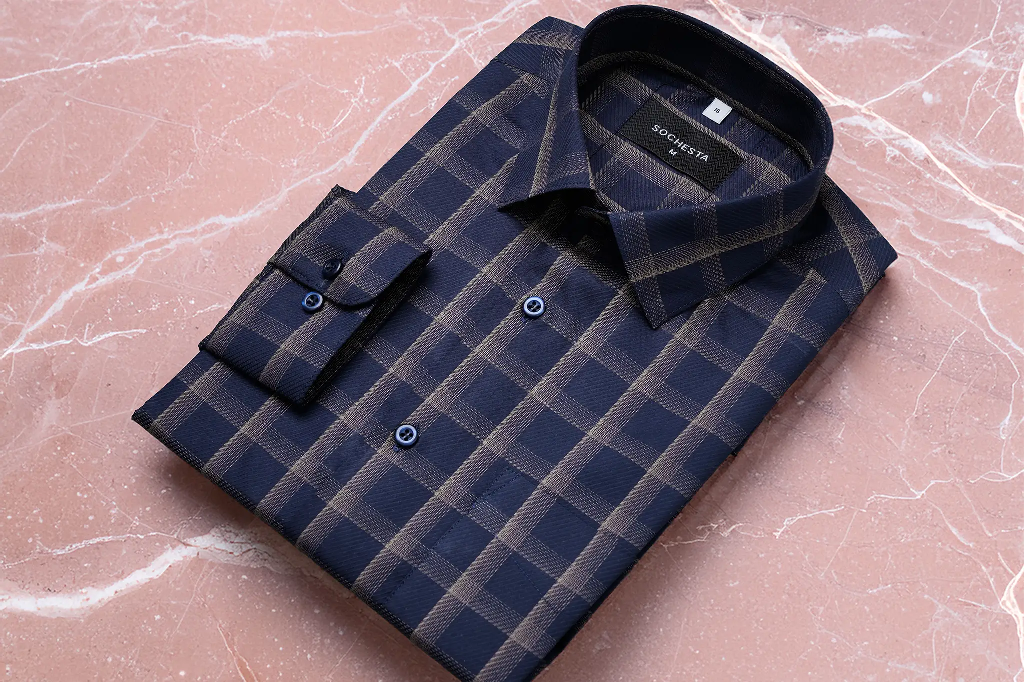 MazeRunner Navy Blue Golden Check Twill Shirt(FS183) - Image 5