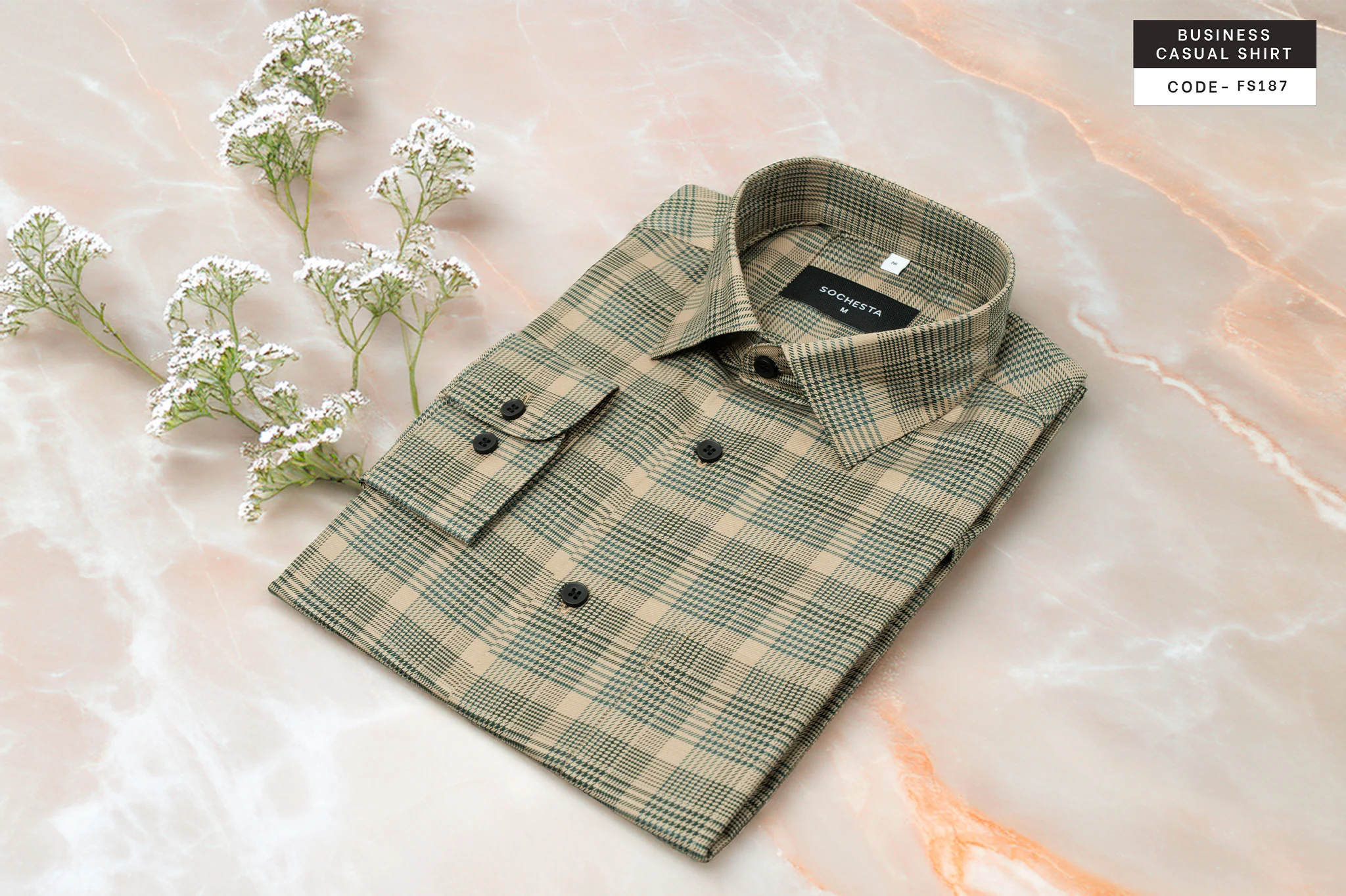 Warm Taupe Golden Sand Houndstooth Check Shirt(FS187) - Image 8